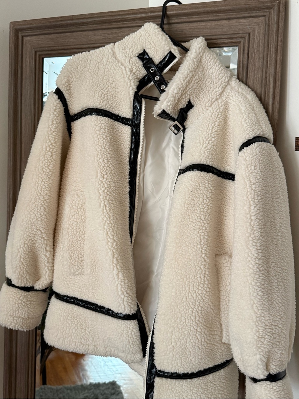 Miss Selfridge Cream Sherpa Jacket with Black Trim